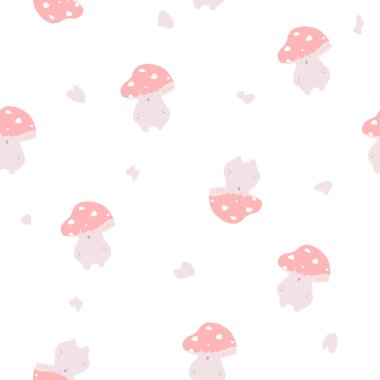 Tatlı kırmızı mantarlı, dikişsiz desen. Beyaz, pürüzsüz arka planda tuhaf mantar deseni. Peri masalı sineği mantar süsü ve komik sineksi karakter. Fantezi mantar deseni tasarımı.
