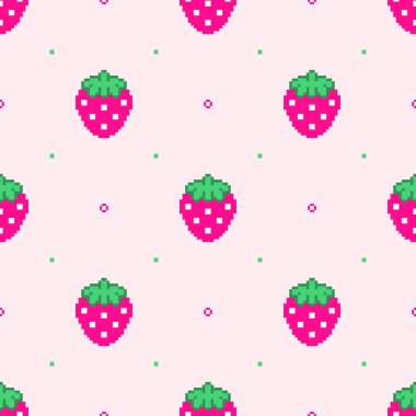 Piksel resimli çilek ve noktasız desen. 8 bit tasarım dokusu eski moda. Çilek gibi tatlı, kusursuz bir arka plan. Dikensiz çilek süsü ile modern moda kız kumaşı dokusu.