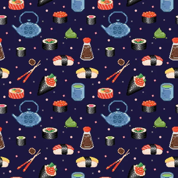 Піксельне Мистецтво Японської Їжі Безшовний Візерунок Піксельна Японська Кухня Нескінченний — стоковий вектор