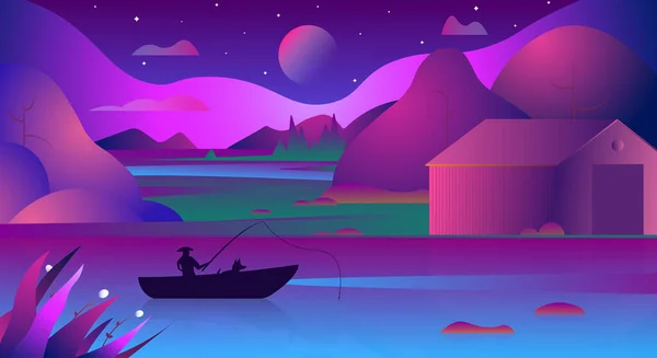 Asian background of landscape with night lake, rice fields and moon. Asian conical rice hat fisherman and dog in the boat. Modern vector illustration of fisherman on the lake in Asia. Gradient illustration of lonely boat with a fisherman and dog.