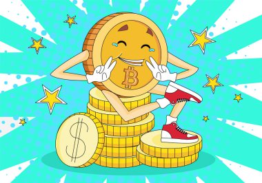 Komik Bitcoin mim illüstrasyonu. İyi haberler, kitle iletişim araçları vesaire için çizgi roman tarzı mutlu Bitcoin imajı. Manga karikatür geçmişi ve başarılı Bitcoin. Bitcoin afiş ve poster için yeni marifet illüstrasyonunu kırdı.