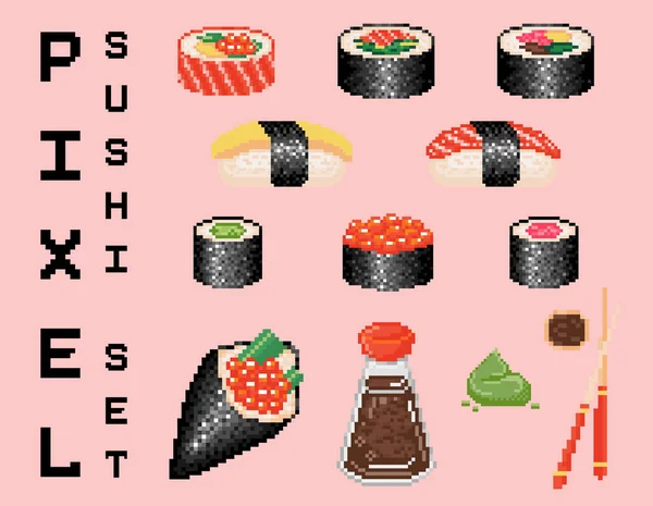 Набор Иконок Пиксельного Искусства Пища Пирогов Суши Маки Ролл Васаби — стоковый вектор