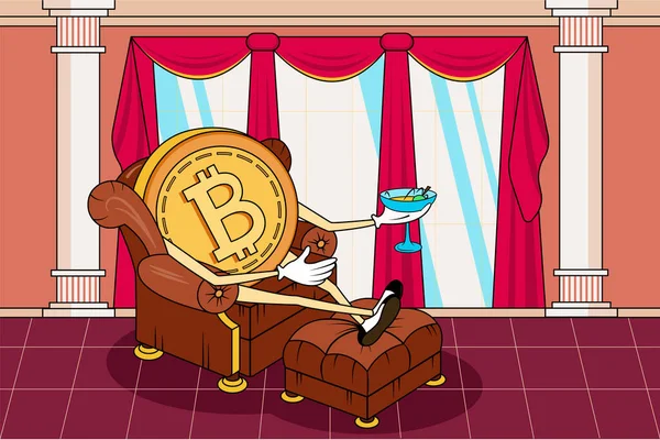 ベクター漫画はビットコインミームのイラストを成功させた 豪華な富の中でアームチェアで豊かで上昇するビットコイン飲料マティーニのドードルミームのイメージ Bitcoinはウェブ投稿のためのイラストを登る — ストックベクタ