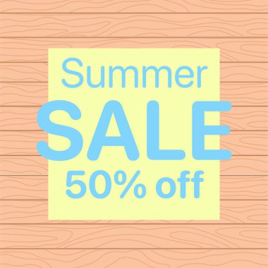 Vector Square Yaz Satışı Bayrak Tasarımı Şablonu. Tasarım posteri, afiş, broşür ve kupon için şablon düzeninde% 50 indirim. Yaz Tahtası Tasarım Konsepti. Ahşap işaret dokusu arkaplanı. 