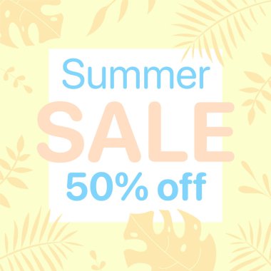 Vector Square Yaz Satışı Bayrak Tasarımı Şablonu. Tasarım posteri, afiş, broşür ve kupon için şablon düzeninde% 50 indirim. Yaz Tropikal tasarım konsepti. Sarı ve turuncu arkaplan posteri. 