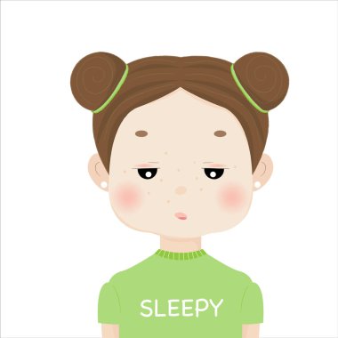 Uykulu kızın vektör çizimi. İki poposu ve canı sıkkın yüzü olan tatlı bir çizgi film genç kadın..