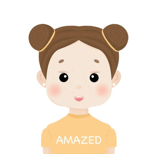 Vector Illustration Amazed Girl Cute Cartoon Young Woman Two Buns — Vector de stock