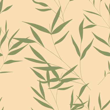Modern yeşil yaprak bambu deseni. Bambu pürüzsüz arka plan için el izi bırakır. Kağıt, kumaş, tekstil ve giysiler için Asya aksesuarı. Kare çiçekli doğu fayans vektörü