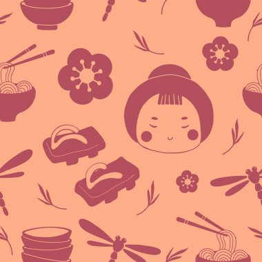 Japon kültürü hoş, kusursuz bir model. Karalama geyşası kusursuz arka plan deseni. Kağıt, kumaş, tekstil ve kıyafetler için oryantal baskı tasarımı. Sakura, çiçek, yusufçuk, tabak, seramik, ayakkabı.