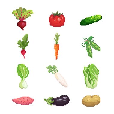 Piksel sebze seti. Pixel sanat sebzeleri. Büyük vektör koleksiyonu. Oyun, uygulama, çıkartma için piksel yeşillik ve sebze tasarımı. 8 bit retro tarzı büyük pikselli yeşil sebze ikonları. Vektör Bahçesi şeyleri.