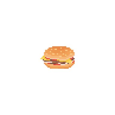 Piksel sanat burger ikonu. Vektör Retro 8 bit burger çizimi. Piksel fast food izole edilmiş burger. Oyun, etiket, uygulama, web tasarımı ve daha fazlası için piksel vektör burger simgesi.