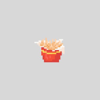 Piksel Sanat Patates kızartması ikonu. Vektör Retro 8 bit patates kızartması çizimi. Piksel fast food izole edilmiş patates kızartması. Oyun, etiket, uygulama, web tasarımı ve daha fazlası için piksel vektör patates kızartması simgesi.