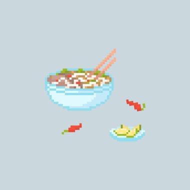 Pixel art pho bo illüstrasyon. Vektör Retro 8 bit vietnamese pho bo bowl 'un çizimi. Pikselli Asya yemeği acı biberli ve limonlu baharatlı pho bo izole edildi. Oyun, etiket ve uygulama için piksel vektör pho bo simgesi.
