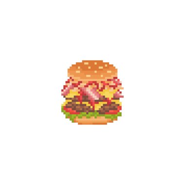 Pixel sanat büyük hamburger ikonu. Vektör Retro 8, büyük pastırmalı burgerin bir örneği. Piksel fast food izole edilmiş mega burger. Oyun, etiket, uygulama, web tasarımı için malzeme simgesi içeren büyük hamburger pikseli vektörü.