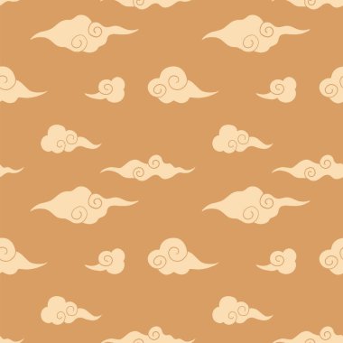 Asyalı bulutlar bej ve kahverengi renklere sahip kusursuz bir desen çiziyor. Gökyüzü ile Asyalı trend tarzında basit geleneksel bir arka plan. Ağ tasarımları, kumaşlar, moda ve tekstil için kare pürüzsüz desen.