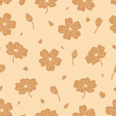 Çiçek desenli, bej ve kahverengi renkli. Japon çiçekleriyle Japon trend tarzında basit bir geçmişi var. Ağ tasarımları, kumaşlar, moda ve tekstil için kare, pürüzsüz desen. Vektör.
