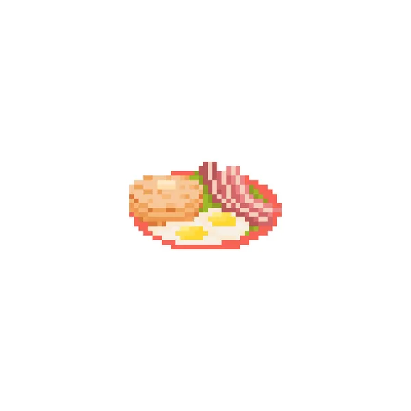 Pixel Art Breakfast Icona Retrò Pixel Bit Piatto Con Prosciutto — Vettoriale Stock