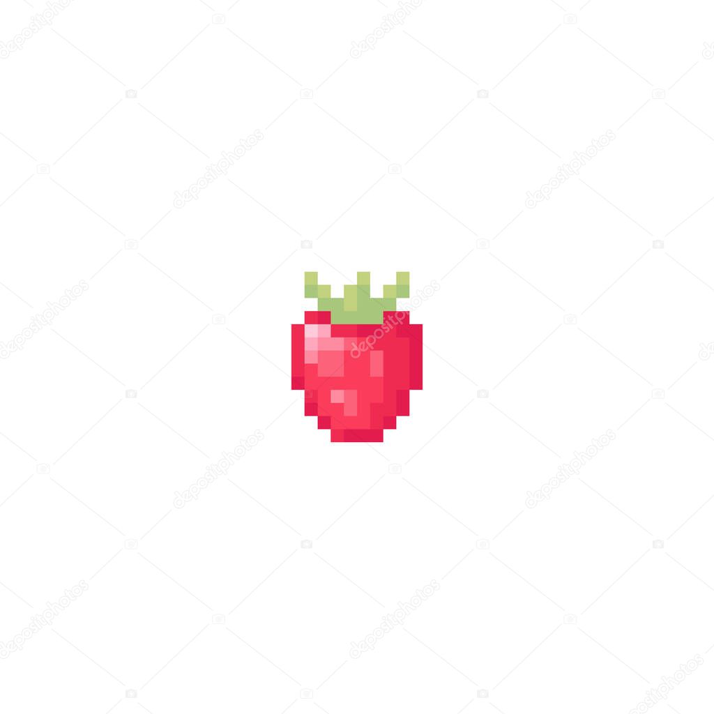 Pixel art strawberry. Cute retro icon of strawberry for game assets, print, app, sticker, web design, fabric, paper, decoration. Trendy Pixel Vector Strawberry illustration.