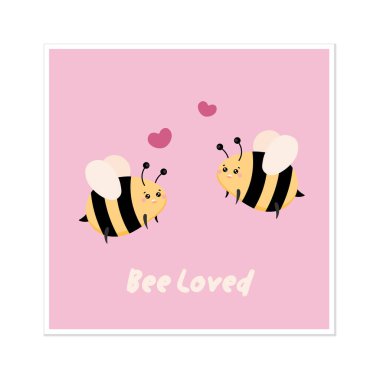 Bir çift arıya aşık ol. Doodle Bee illüstrasyon kartı. Tekstil, tişört ve kâğıt baskısı yapan sevimli arılar. Vektör Arı kare pembe kalp kartı. Çizgi film doğum günü çocuğu tasarım grafiği.