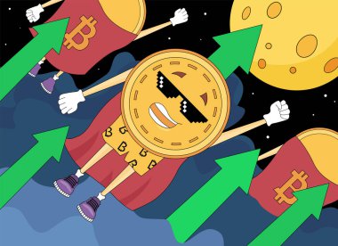 Bitcoin aya gidiyor. Haydut gözlüklü ve yeşil oklu kripto bitcoin çizimi. Bitcoin haberleri için fiyat yükselen afiş. Ay ve zengin süper kahraman Bitcoin 'in modaya uygun çizimi