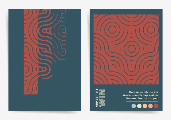 Dalgalı Geometrik Asya Poster Tasarım Şablonu Ayarlandı. Poster, web sanatı, broşür, kitap kapağı için en iyisi. Asya dalgaları ejderha ve geometrik elementler ve soyut desenli daireler. Vektör arkaplanı. 