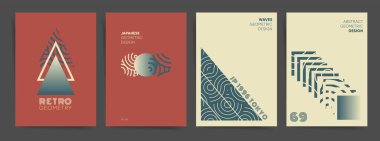 Geometrik gradyan poster tasarım şablonu seti. Çemberler, kare, üçgen ve yüksek teknoloji retro tarzında dalgalı çizgileri olan modern minimal tasarım. Poster, broşür, gizli kimlik, web sanatı için vektör arkaplanı