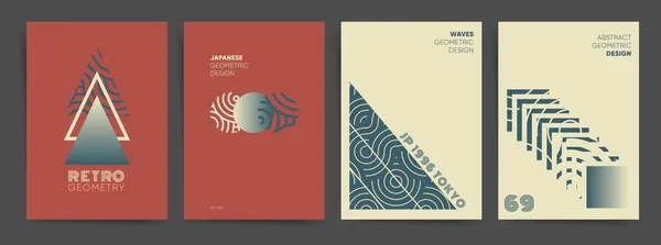 Geometrik gradyan poster tasarım şablonu seti. Çemberler, kare, üçgen ve yüksek teknoloji retro tarzında dalgalı çizgileri olan modern minimal tasarım. Poster, broşür, gizli kimlik, web sanatı için vektör arkaplanı