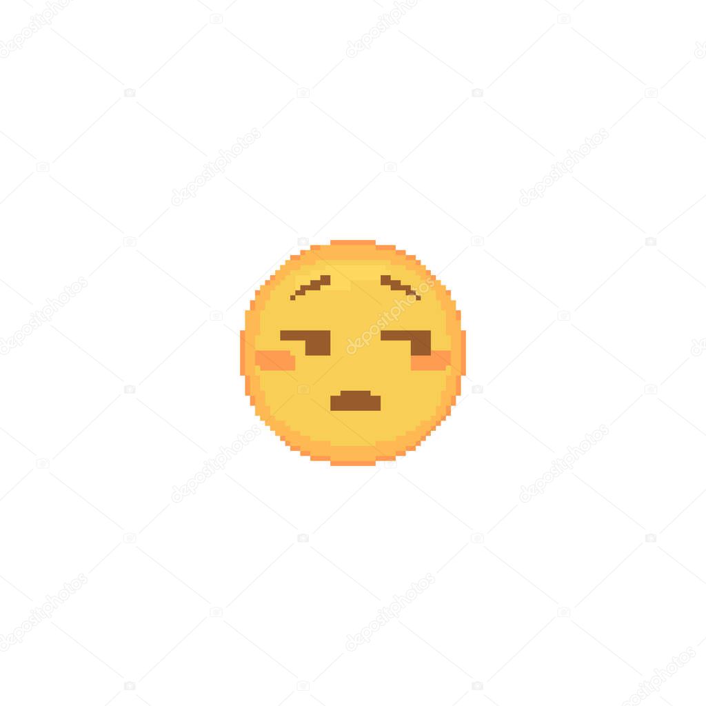 Pixel art indifferent emoji. Retro pixel pessimistic emoticon face. Sad bored cartoon kawaii vector social media icon.