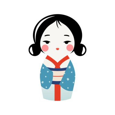 Kimono giymiş şirin Kokeshi bebeği. Geleneksel Japon hatırası. Vector kawaii kimono kızı..
