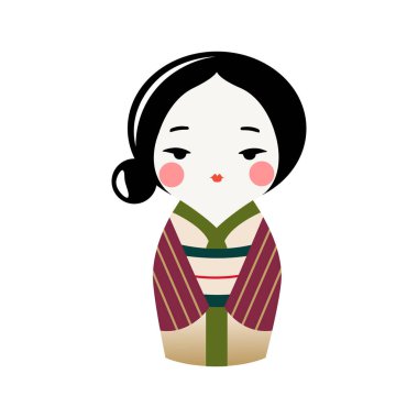 Kimono giymiş şirin Kokeshi bebeği. Geleneksel Japon hatırası. Vector kawaii kimono kızı..