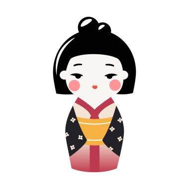 Kimono giymiş şirin Kokeshi bebeği. Geleneksel Japon hatırası. Vector kawaii kimono kızı..
