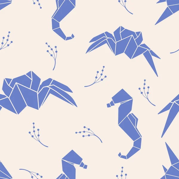 Kusursuz origami kalıbı. Kare vektör origami arka plan desenini mavi ve beyaz renklerle tekrarlıyor. Kağıt, tekstil, kumaş, dekor için son moda Japon origami desenleri. Deniz yengeci ve deniz atı..