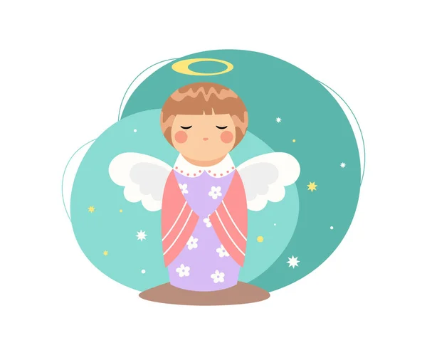 Cute Christmas Angel Girl Short Hair Nimbus Praying Isolated Halo — Stock Vector