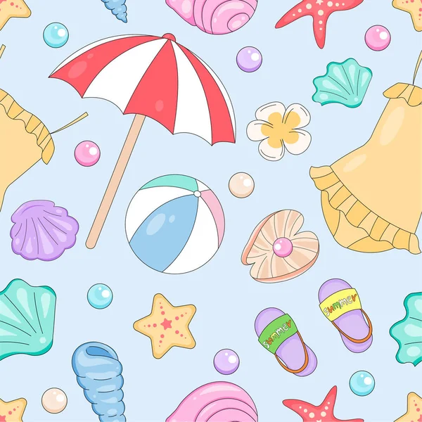 Fun Doodle Summer Stuff Seamless Pattern Blauer Wasser Repeat Hintergrund — Stockvektor
