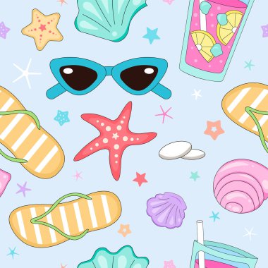 Vektör dikişsiz deniz kabuğu deseni. Tatil teması tropikal plaj desenli arka plan. Güneş gözlüğü, parmak arası terlik, kokteyl, denizyıldızı ve kumaş ve kağıt için mavi kum deseni. Kusursuz el çizimi sanatı.