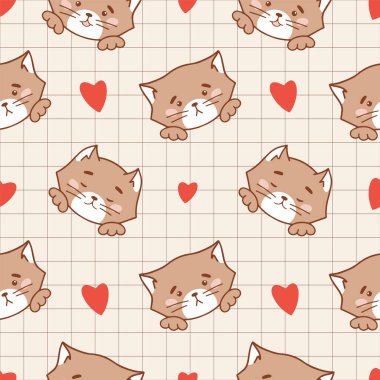 Şirin, pürüzsüz bir kedi yavrusu. Uniseks giysileri, kumaş, tekstil, kapak ya da dekorasyon için karikatür kedi yavrusuyla vektör kontrollü arka plan. Kalpleri pürüzsüz, romantik kedi yavrusu. Kedi desenli fayans