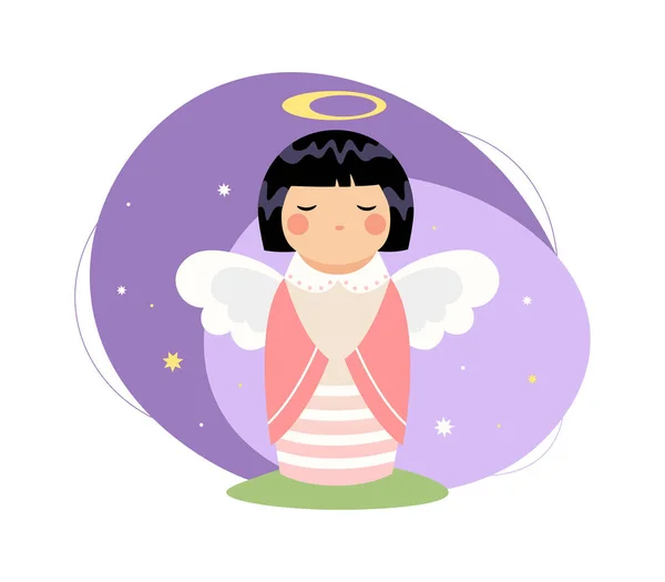 Cute Christmas Angel Girl Wings Black Short Hair Praying Halo — Stock Vector