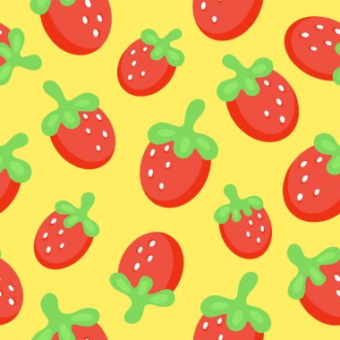Doodle Retro Strawberry dikişsiz desen. Sarı arka planda rastgele yerleştirilmiş Çilek çizgi filmi. Kumaş, kağıt, tekstil ve kapak için yuvarlak, pürüzsüz bir desen. Vektör çocuk baskısı.