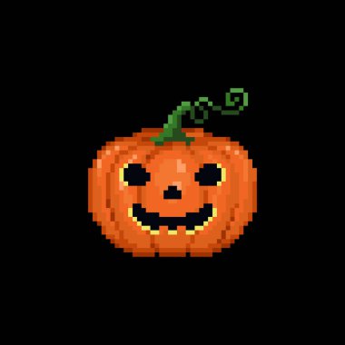 Pixel sanat cadılar bayramı şirin balkabağı. Pikselli Cadılar Bayramı Cadılar Bayramı feneri, 8 bit tarzında. Siyah arka planda mutlu balkabağı suratının vektör retro simgesi. Fener Valesi Cadılar Bayramı pikseli ürkütücü yüzlü balkabağı