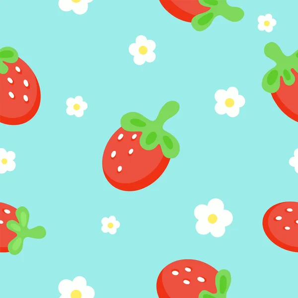 Strawberry Seamless Pattern White Flowers Blue Background Vector — Stock Vector