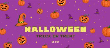 Pixel art cadılar bayramı arkaplanı retro oyun tarzında. Pikselli balkabağı ve cadı şapkası posteri ya da satılık internet afişi ya da parti. piksel sanat cadılar bayramı şirin vektör çizimi.