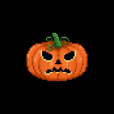 Pikselli Cadılar Bayramı Hayaletli Balkabağı. Pikselli Cadılar Bayramı Cadılar Bayramı feneri, 8 bit tarzında. Korkunç kabak suratlı piksellerin vektör retro simgesi. 
