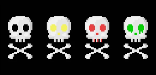 Teschio Ossa Pixel Art Set Bit Stile Retrò Gioco Cranio — Vettoriale Stock