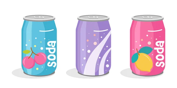 Renkli Soda Kutuları Koleksiyonu. Alüminyum kutularda el çizimi tatlı bir içecek seti. Alüminyum deniz kutuları çizimler gösteriyor. Kawaii limonlu, kirazlı ve baloncuklu konserve tasarımları. Vektör.