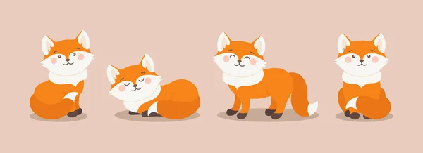 Cute Foxes Different Poses Vector Set Forest Fox Animal Sits — Stock Vector