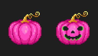 Komik şirin pikselli pembe balkabağı feneri. Siyah arka plandaki cadılar bayramı süsü için 8 bit zehirli pembe balkabağı ikonu. Cadılar Bayramı için eğlenceli klasik bebek balkabağı pikseli çizimi.