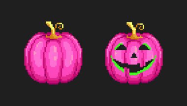 Garip bir pikselli pembe balkabağı feneri. Siyah arka plandaki cadılar bayramı süsü için 8 bit zehirli pembe balkabağı ikonu. Cadılar bayramı için komik kabak pikseli çizimi.