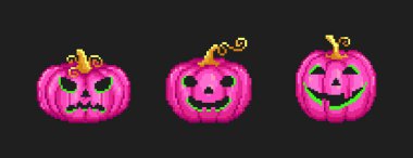 Pixel sanat balkabağı koleksiyonu. Cadılar bayramı veya oyun tasarımı için Retro 8 bit tarzı balkabağı fenerleri ayarlandı. Cadılar bayramı için sevimli, komik, garip, ürkütücü, kızgın balkabağı emojisi. Vektör.