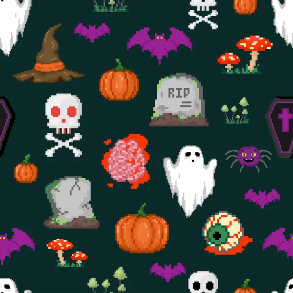 Pixel Konst Halloween Sömlöst Mönster Bitars Gamer Retro Stil Repeterbar — Stock vektor