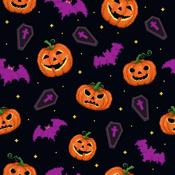 Pixelkunst Halloween Nahtlose Muster Bit Gamer Retro Stil Wiederholbaren Hintergrund — Stockvektor